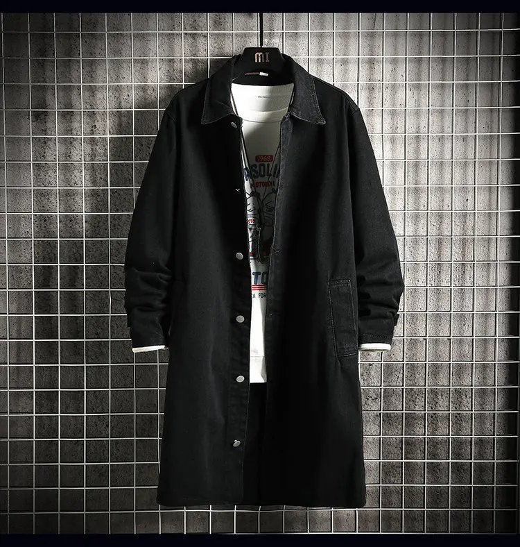 2023 Spring Men Denim Jacket Men Loose Mid-Length Denim Casual Coat Male Turn-Down Collar Trenchcoat Korean Fashion Outerwear