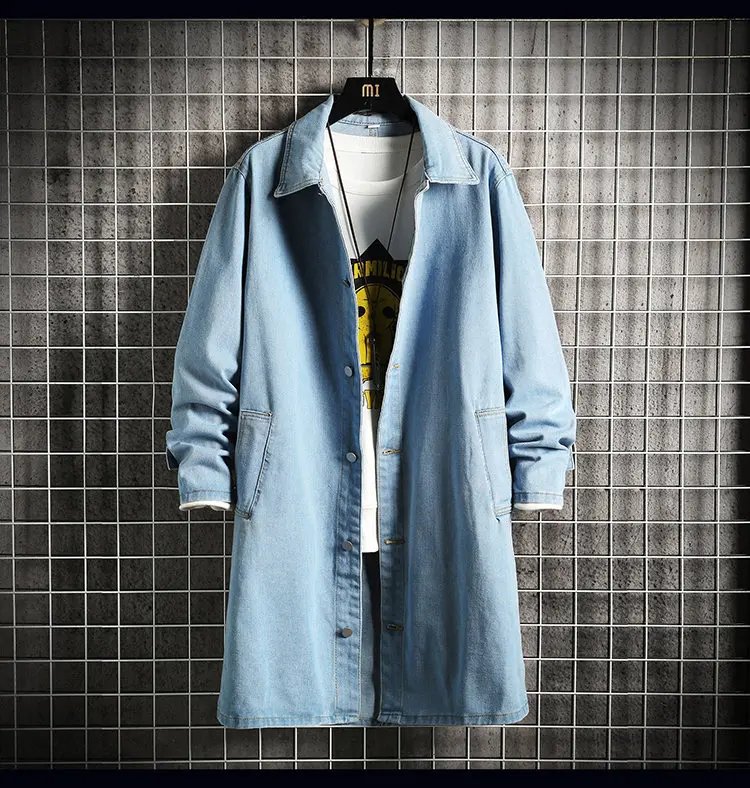 2023 Spring Men Denim Jacket Men Loose Mid-Length Denim Casual Coat Male Turn-Down Collar Trenchcoat Korean Fashion Outerwear