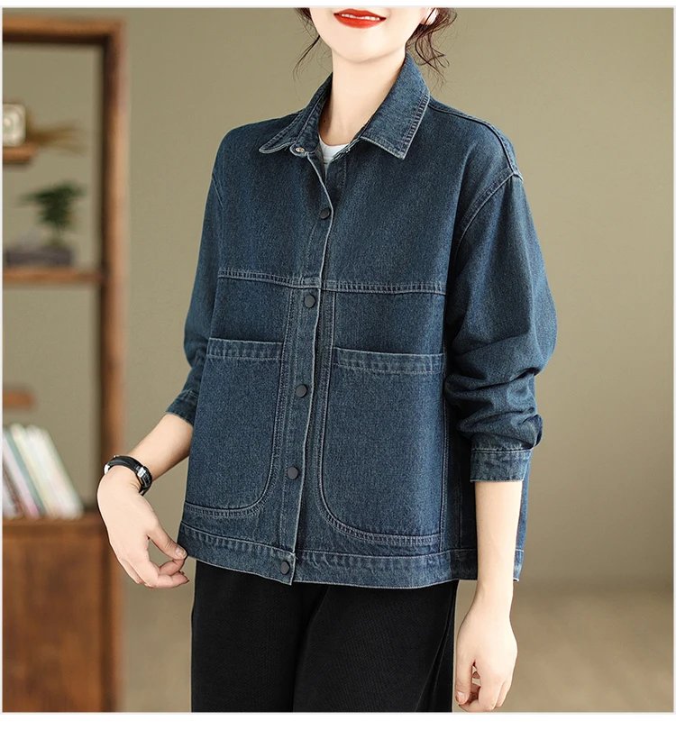 Women Casual Denim Jackets New Arrival 2023 Autumn Vintage Style Turn-down Collar Loose Female Long Sleeve Jeans Coats B3064