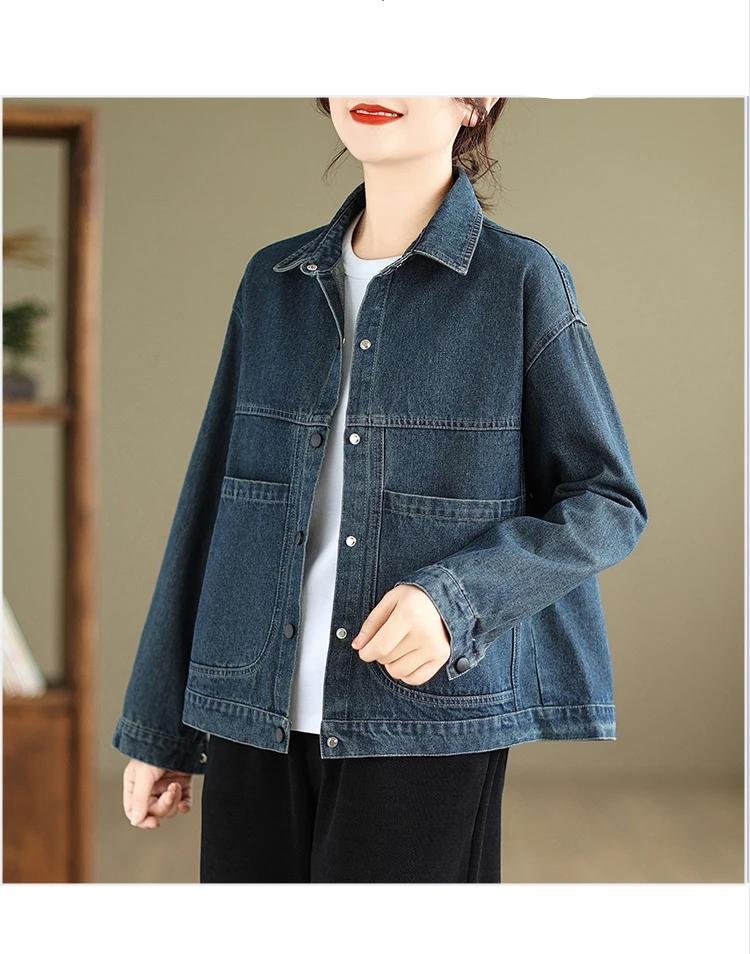 Women Casual Denim Jackets New Arrival 2023 Autumn Vintage Style Turn-down Collar Loose Female Long Sleeve Jeans Coats B3064