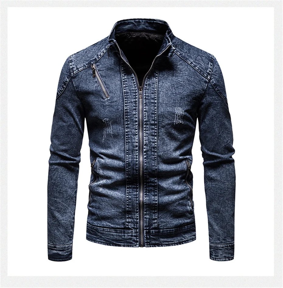 Blue Denim Jacket Men Motorcycle Jacket Spring Autumn Slim Fit Jackets Fashion Casual Stand Collar Denim Coat Male