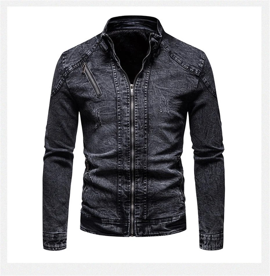 Blue Denim Jacket Men Motorcycle Jacket Spring Autumn Slim Fit Jackets Fashion Casual Stand Collar Denim Coat Male