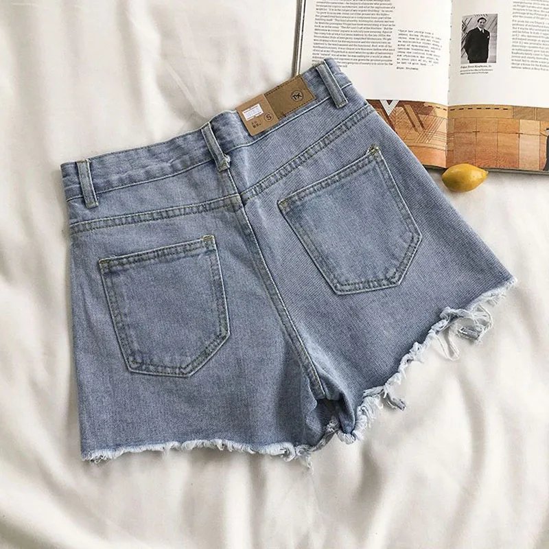 Lucyever Summer Denim Shorts Women Korean Fashion Ripped Holes High Waist Short Jeans Female Casual Street Wide Leg Short Pants