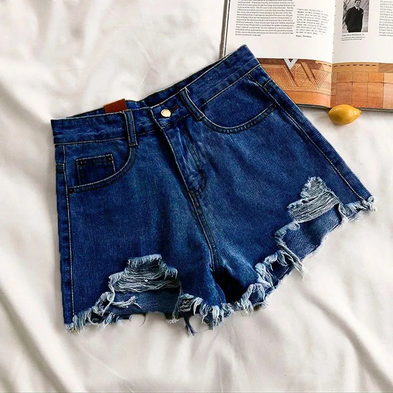 Lucyever Summer Denim Shorts Women Korean Fashion Ripped Holes High Waist Short Jeans Female Casual Street Wide Leg Short Pants