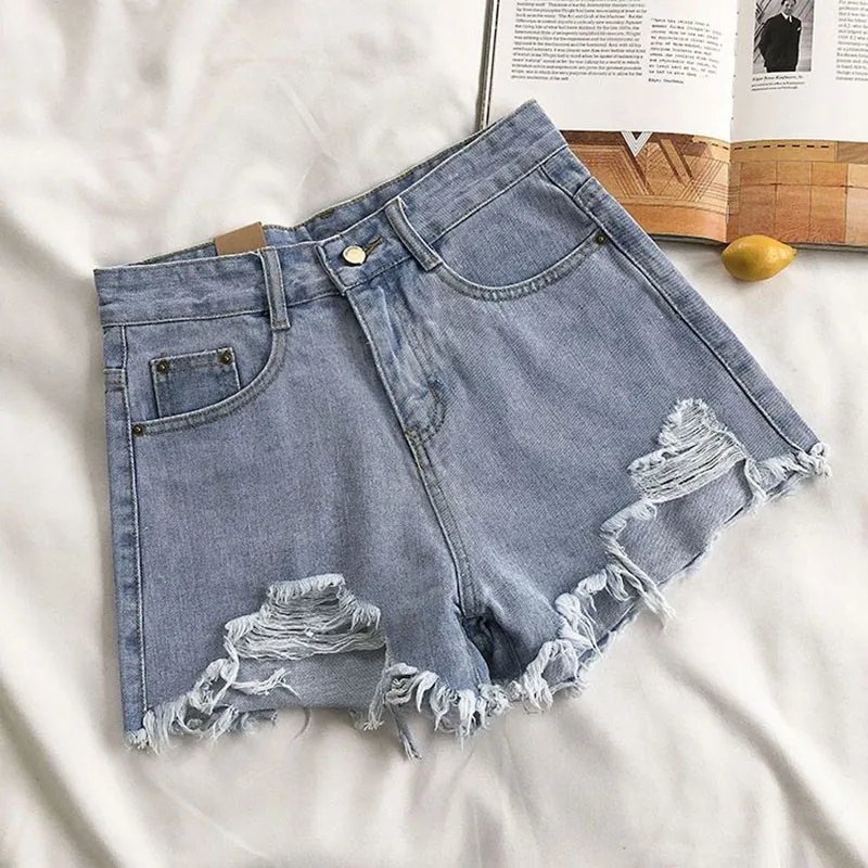 Lucyever Summer Denim Shorts Women Korean Fashion Ripped Holes High Waist Short Jeans Female Casual Street Wide Leg Short Pants