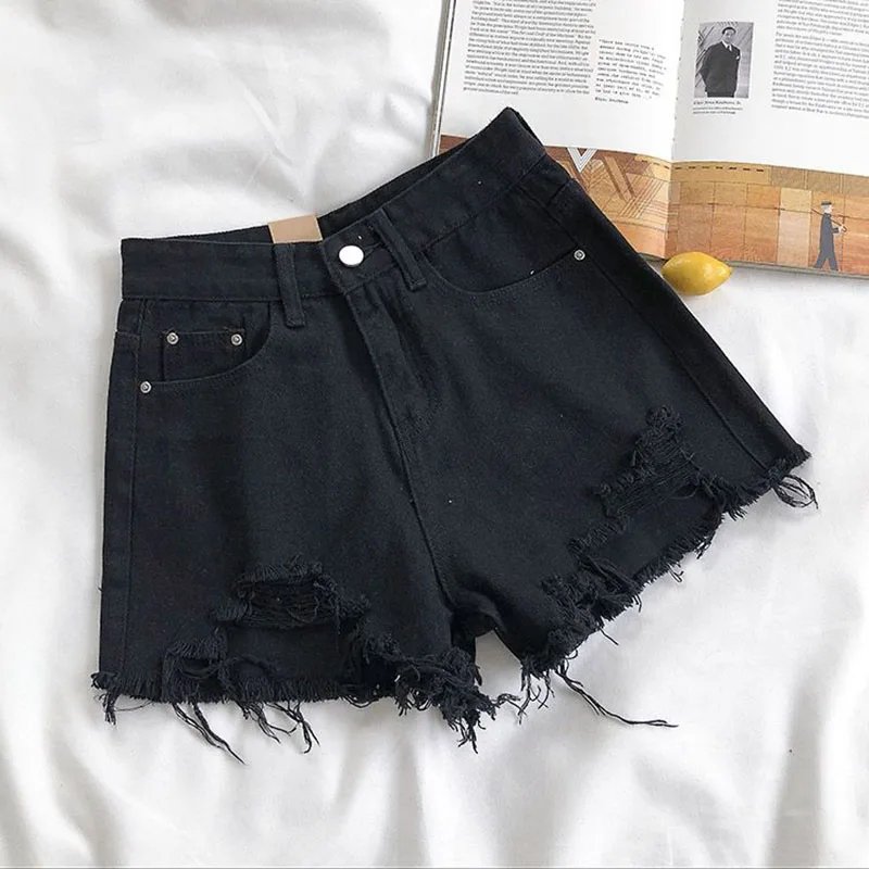 Lucyever Summer Denim Shorts Women Korean Fashion Ripped Holes High Waist Short Jeans Female Casual Street Wide Leg Short Pants