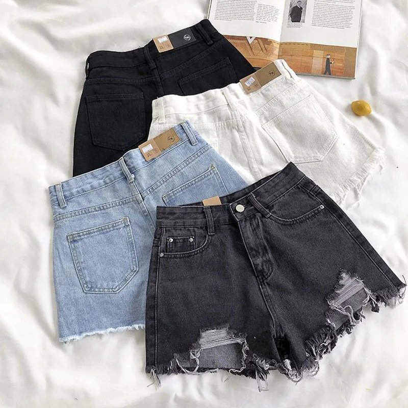 Lucyever Summer Denim Shorts Women Korean Fashion Ripped Holes High Waist Short Jeans Female Casual Street Wide Leg Short Pants