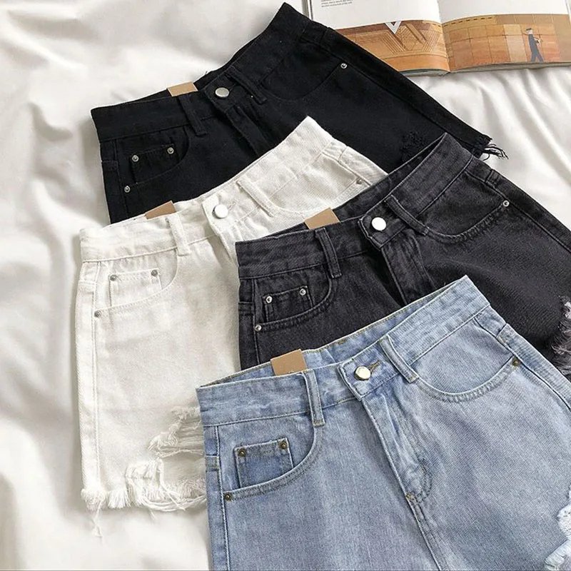 Lucyever Summer Denim Shorts Women Korean Fashion Ripped Holes High Waist Short Jeans Female Casual Street Wide Leg Short Pants