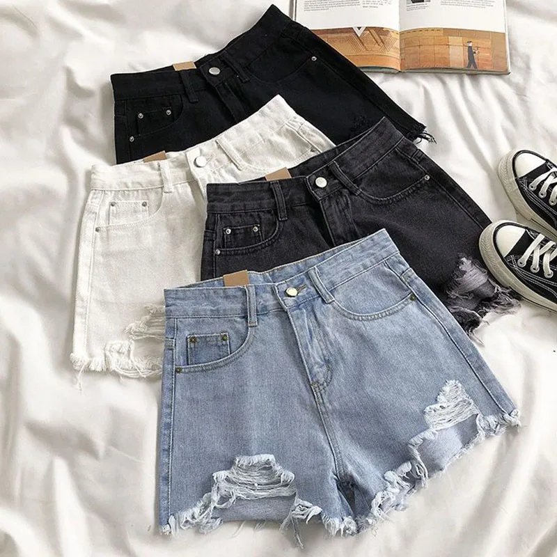 Lucyever Summer Denim Shorts Women Korean Fashion Ripped Holes High Waist Short Jeans Female Casual Street Wide Leg Short Pants