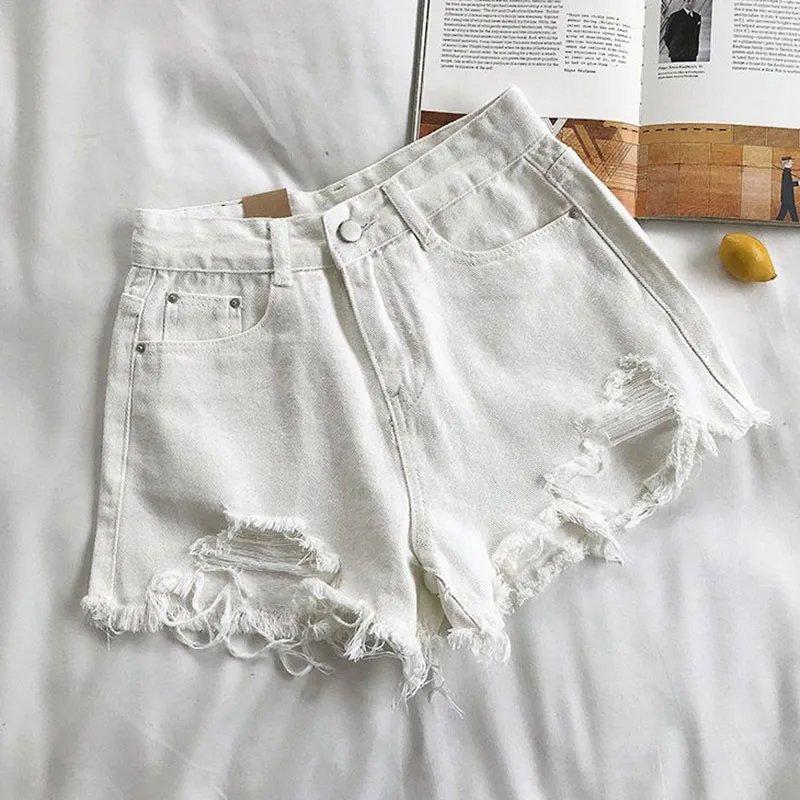 Lucyever Summer Denim Shorts Women Korean Fashion Ripped Holes High Waist Short Jeans Female Casual Street Wide Leg Short Pants