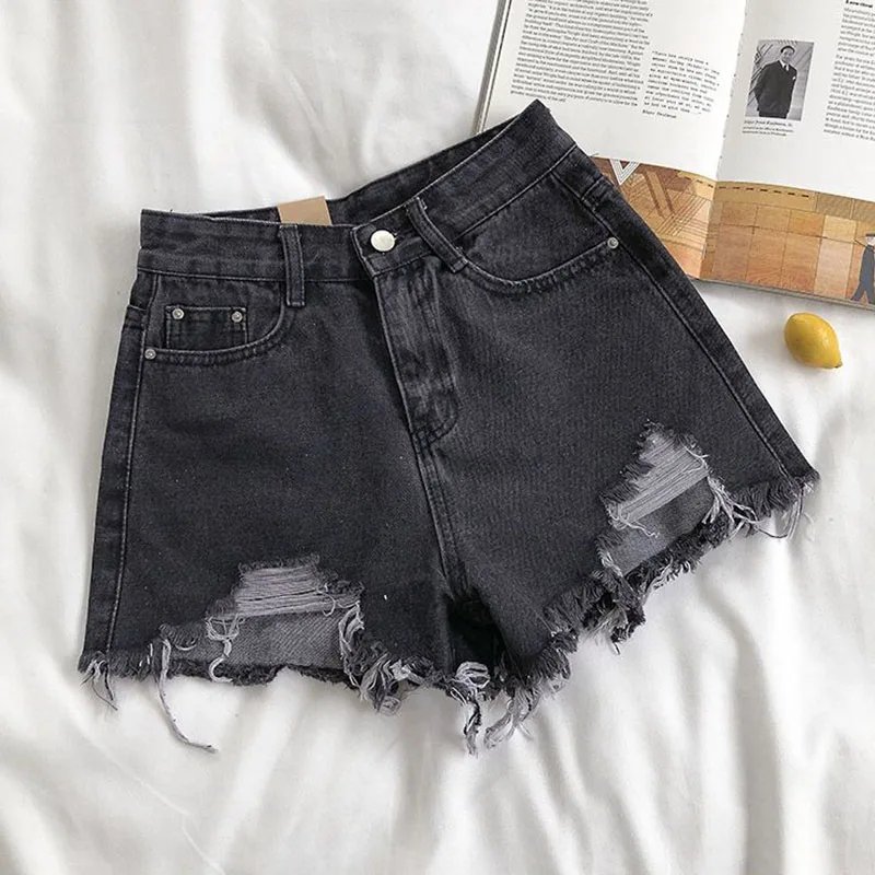 Lucyever Summer Denim Shorts Women Korean Fashion Ripped Holes High Waist Short Jeans Female Casual Street Wide Leg Short Pants