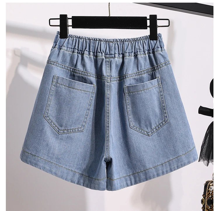 Denim Shorts For Women High Waist Blue Wide Leg Thin Jeans Summer Casual Elastic Waist Loose Shorts Hot Pants S-5XL