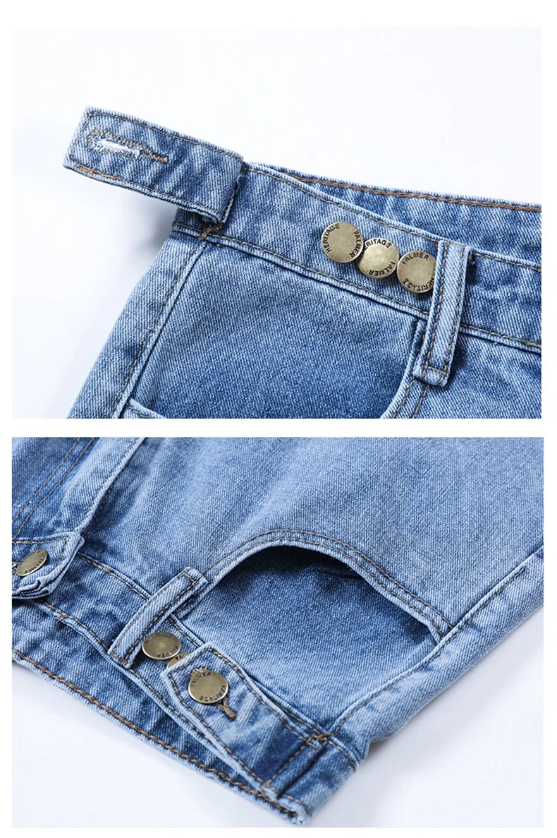 FTLZZ New Summer Women High Waist Button Wigh Leg Jeans Shorts Casual Female Loose Fit Blue Denim Shorts