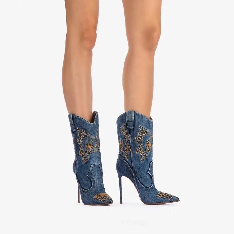 2024 European and American Retro Embroidered Western Boots Women's British Style Denim Pointed Short Boots V-shaped Sleeve Boots