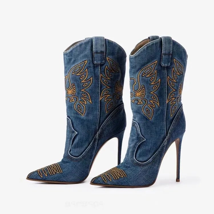 2024 European and American Retro Embroidered Western Boots Women's British Style Denim Pointed Short Boots V-shaped Sleeve Boots