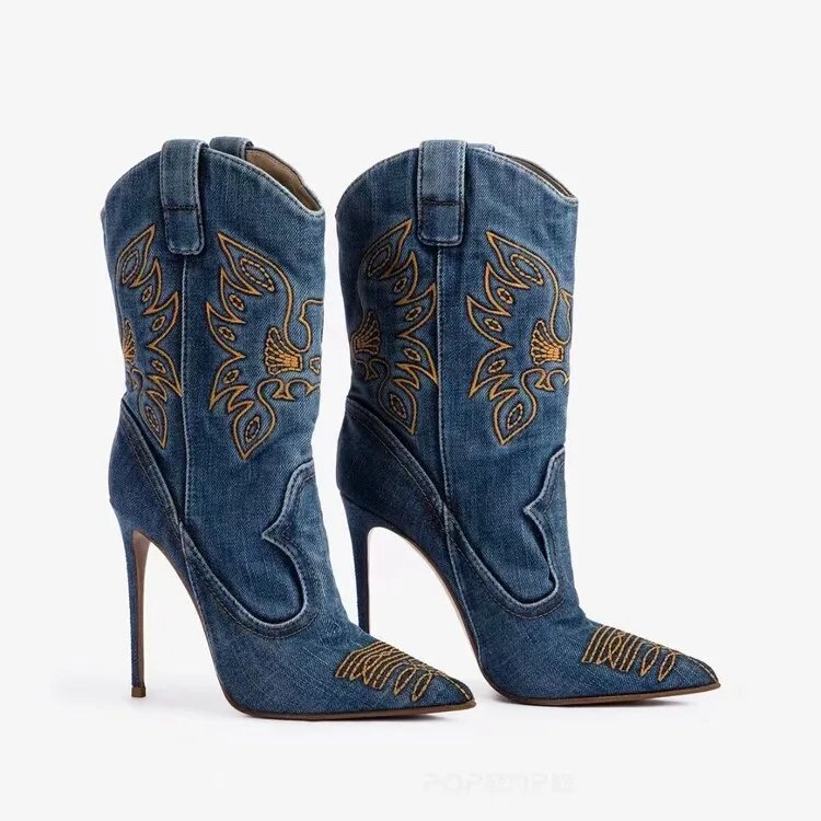 2024 European and American Retro Embroidered Western Boots Women's British Style Denim Pointed Short Boots V-shaped Sleeve Boots