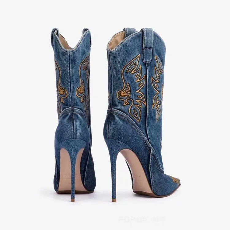 2024 European and American Retro Embroidered Western Boots Women's British Style Denim Pointed Short Boots V-shaped Sleeve Boots