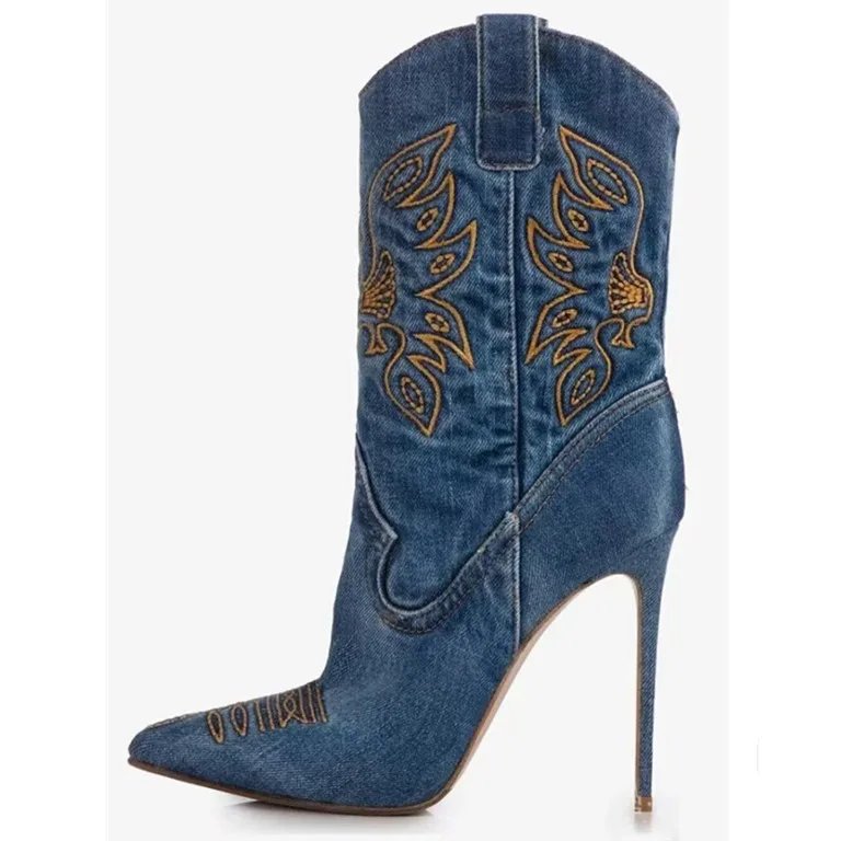 2024 European and American Retro Embroidered Western Boots Women's British Style Denim Pointed Short Boots V-shaped Sleeve Boots