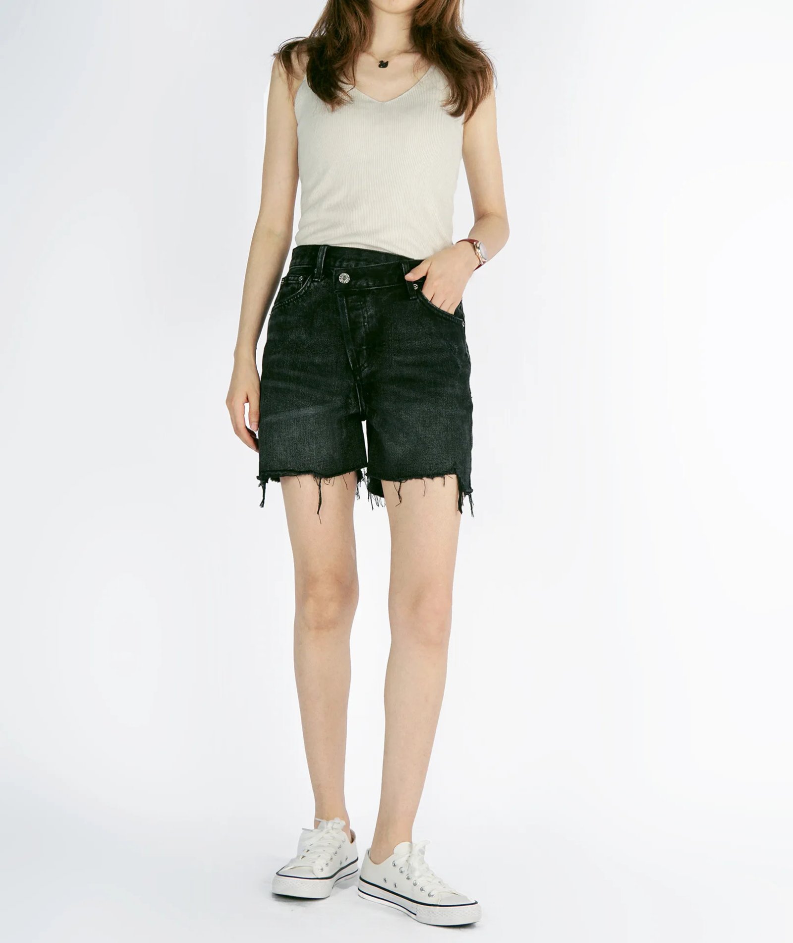 Women denim shorts asymmetrical high waist fashion casual lady frayed shorts