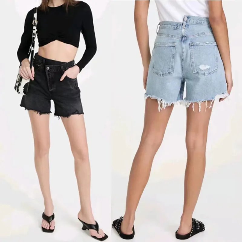 Women denim shorts asymmetrical high waist fashion casual lady frayed shorts