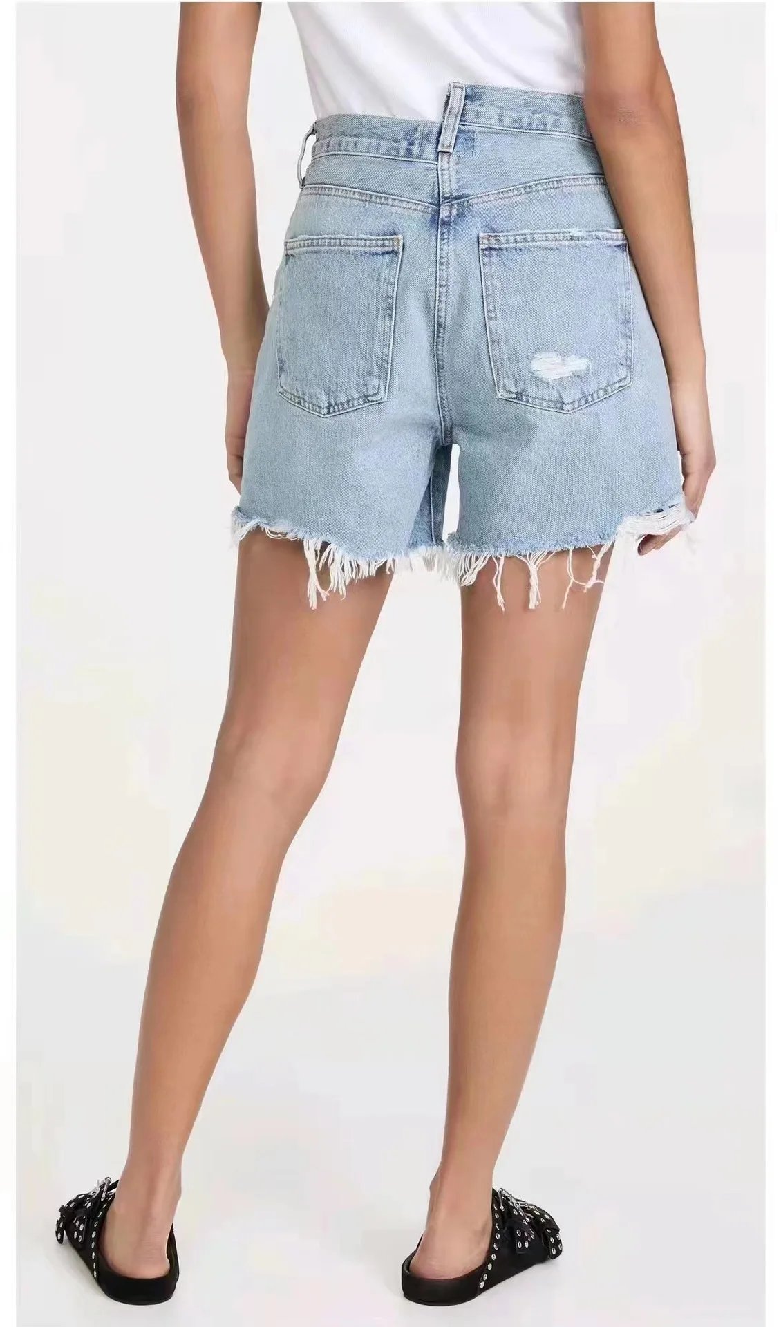 Women denim shorts asymmetrical high waist fashion casual lady frayed shorts