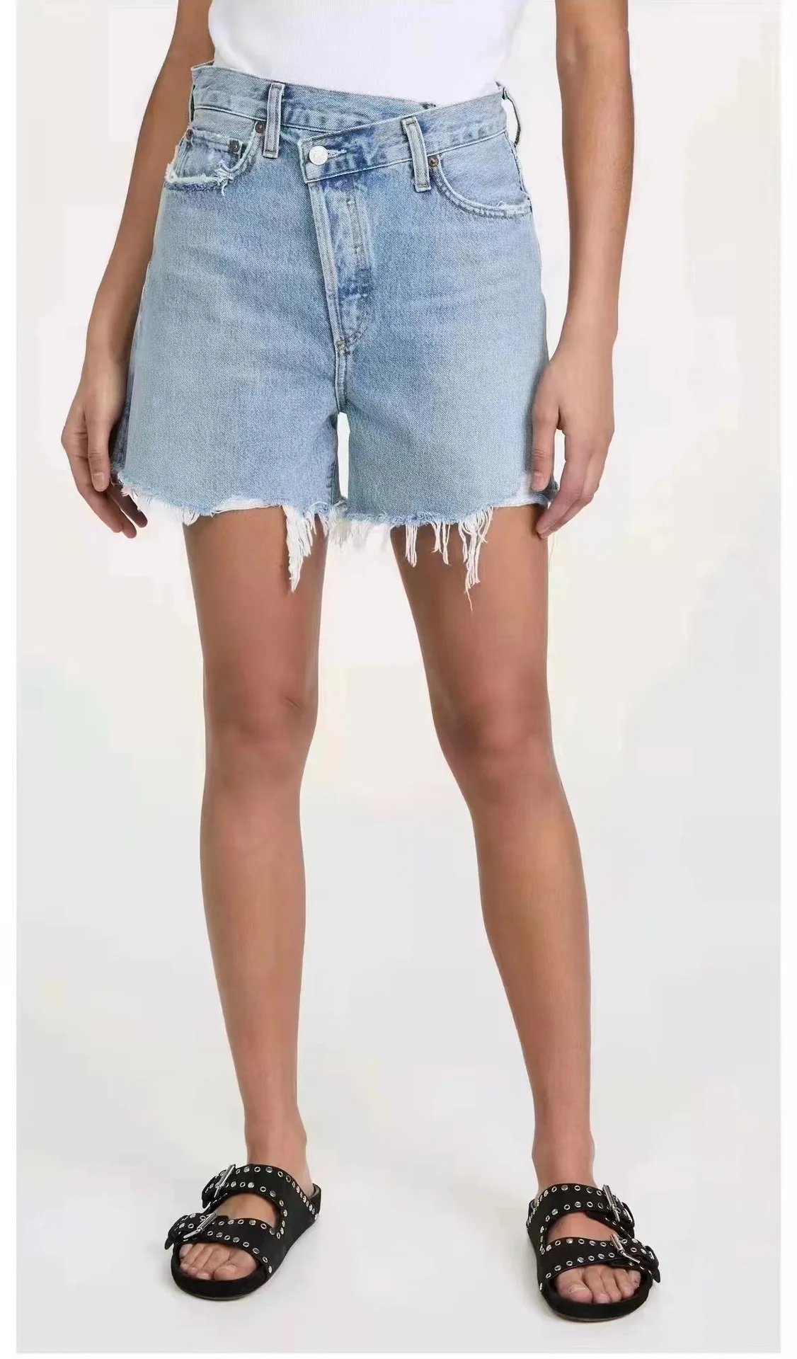 Women denim shorts asymmetrical high waist fashion casual lady frayed shorts