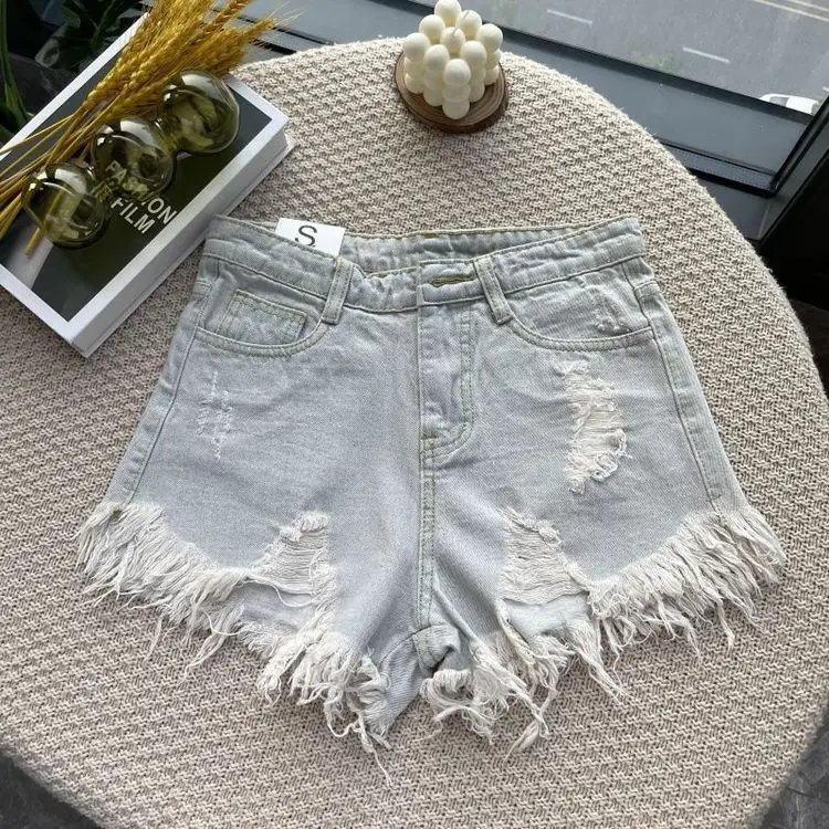 2024 Summer New High Waist Tassel Hole Denim Shorts Women Korean Version Raw Edge Wide Leg Loose Black Blue Jean Shorts Female