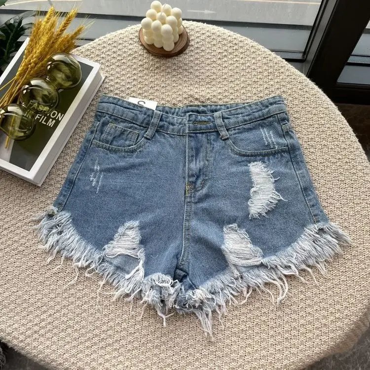 2024 Summer New High Waist Tassel Hole Denim Shorts Women Korean Version Raw Edge Wide Leg Loose Black Blue Jean Shorts Female