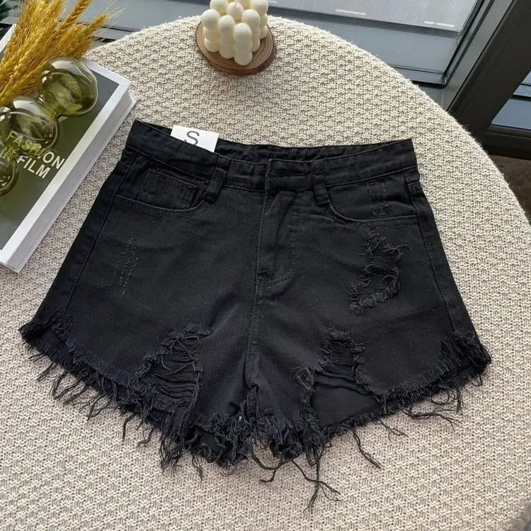 2024 Summer New High Waist Tassel Hole Denim Shorts Women Korean Version Raw Edge Wide Leg Loose Black Blue Jean Shorts Female