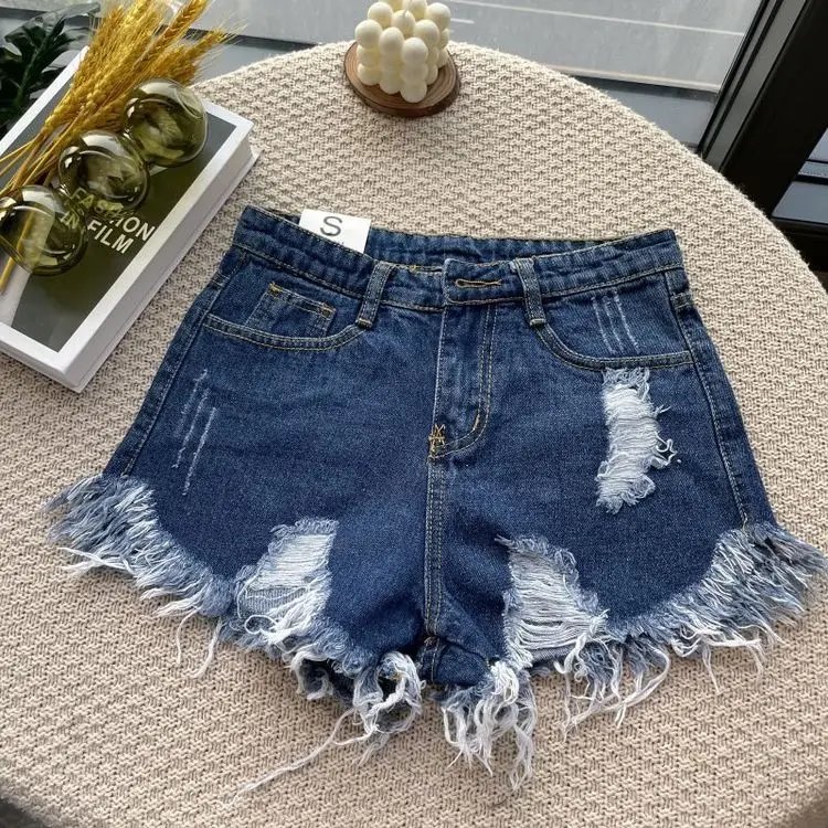 2024 Summer New High Waist Tassel Hole Denim Shorts Women Korean Version Raw Edge Wide Leg Loose Black Blue Jean Shorts Female