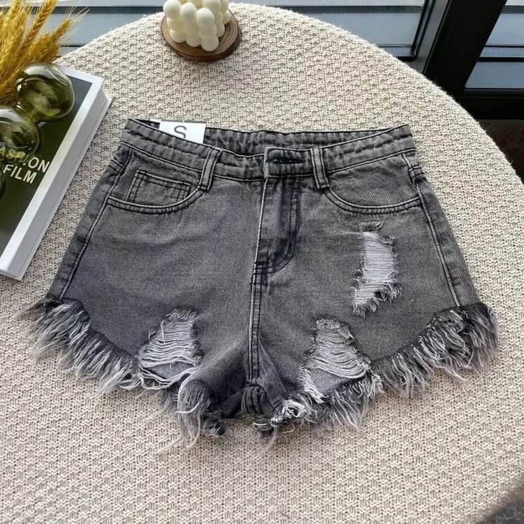 2024 Summer New High Waist Tassel Hole Denim Shorts Women Korean Version Raw Edge Wide Leg Loose Black Blue Jean Shorts Female