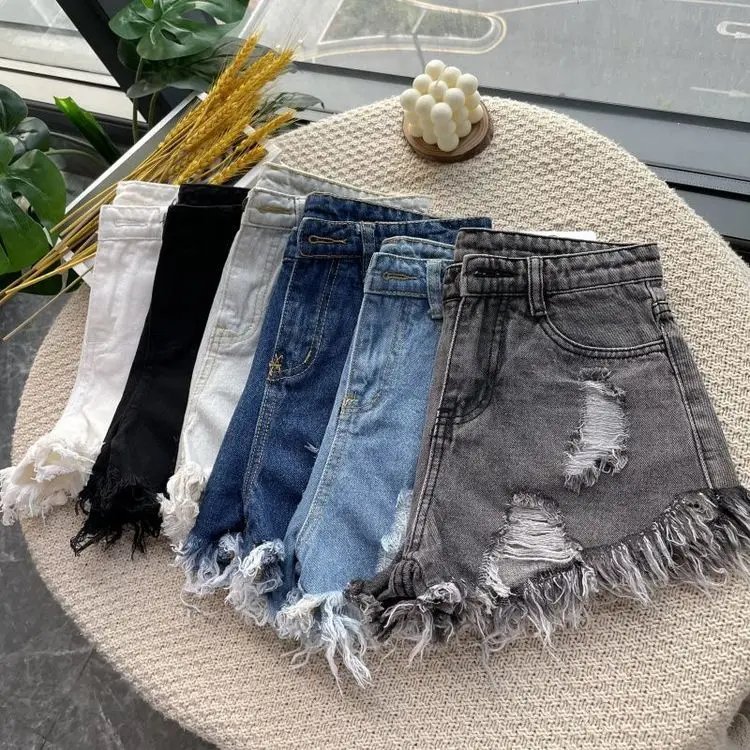 2024 Summer New High Waist Tassel Hole Denim Shorts Women Korean Version Raw Edge Wide Leg Loose Black Blue Jean Shorts Female