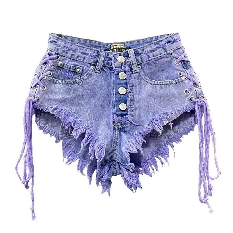2024 Summer New Women's Purple Shorts Fashion Sexy Low Rise Single Breasted A-line Denim Shorts With Strap Hot Pants Female