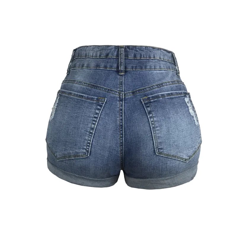 2024 Summer New Women High Waist Ripped Denim Shorts Fashion Curled Stretch Straight Jeans Shorts Street Casual Clothing S-2XL