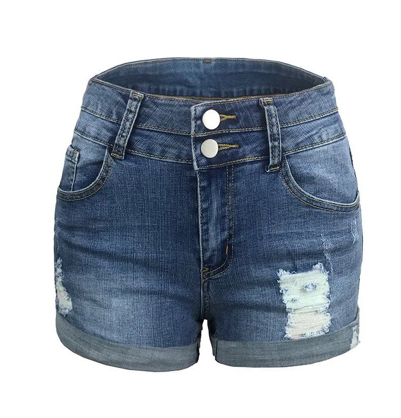 2024 Summer New Women High Waist Ripped Denim Shorts Fashion Curled Stretch Straight Jeans Shorts Street Casual Clothing S-2XL