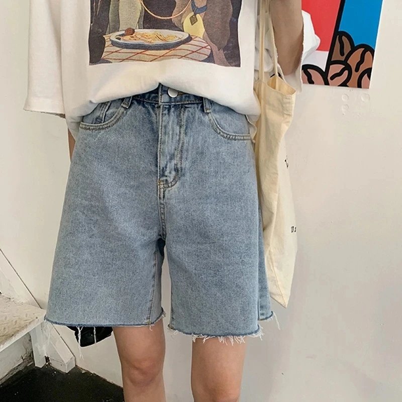 2024 Summer Women High Waist Wide Leg Denim Shorts Pants Button Casual Female Fashion Streetwear Solid Color Stright Jeans