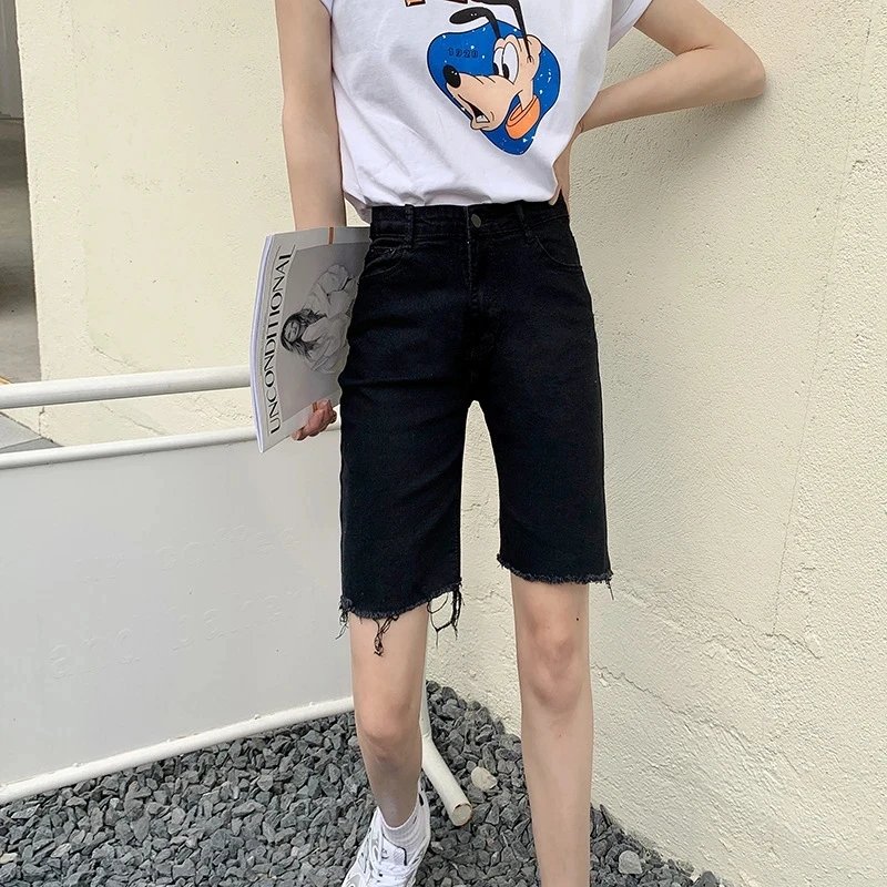 2024 Summer Women High Waist Wide Leg Denim Shorts Pants Button Casual Female Fashion Streetwear Solid Color Stright Jeans