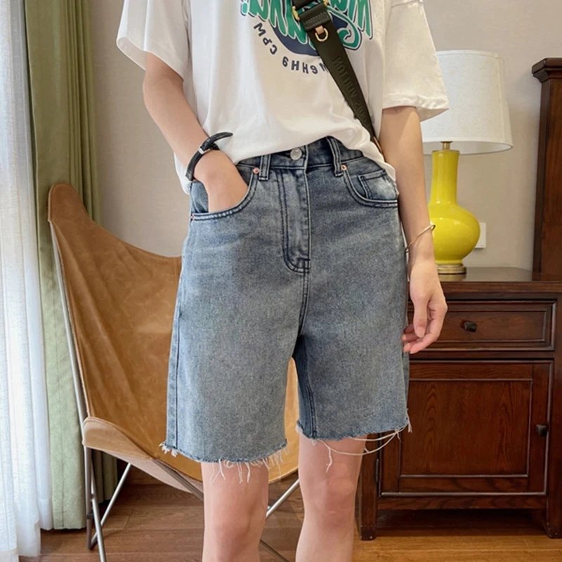 2024 Summer Women High Waist Wide Leg Denim Shorts Pants Button Casual Female Fashion Streetwear Solid Color Stright Jeans