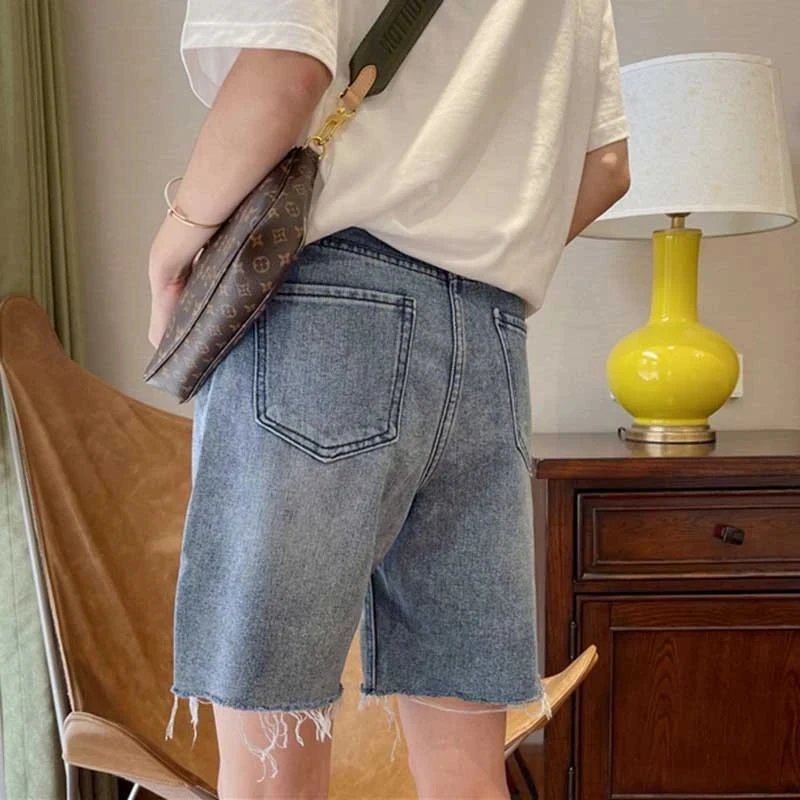 2024 Summer Women High Waist Wide Leg Denim Shorts Pants Button Casual Female Fashion Streetwear Solid Color Stright Jeans