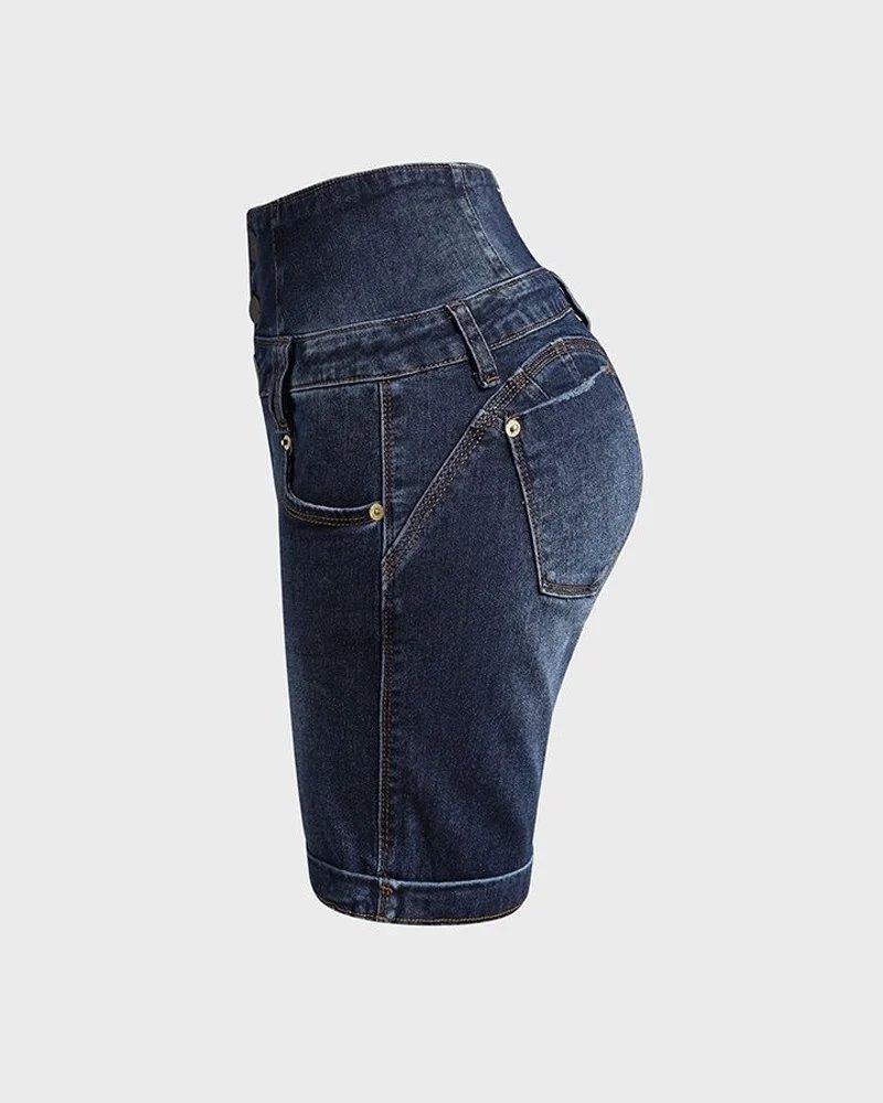 Classic Stretchy Washed Shorts Jeans 2023 Women Solid High Wasit Multi BreastedCasual Zipper Decoration Pocket Denim Shorts