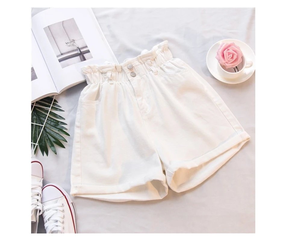 Jielur Summer Black Women Denim Shorts Women S-5XL Harem Ruffled White Blue High Waisted Shorts Female Elastic Short Jeans