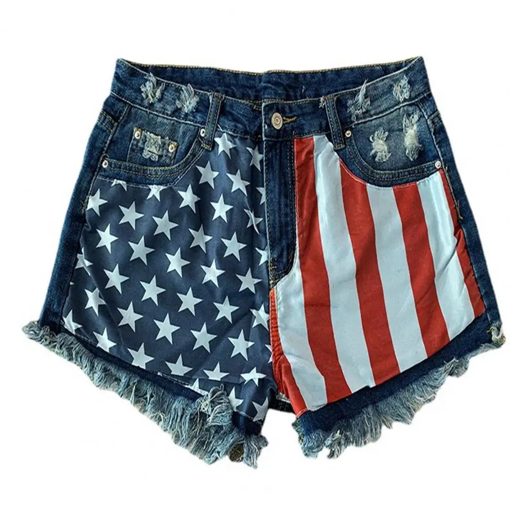 Women Denim Shorts High Waist Skinny American Flag Print Jeans Shorts Tassels Pockets Holes Jeans Denim Shorts Streetwear