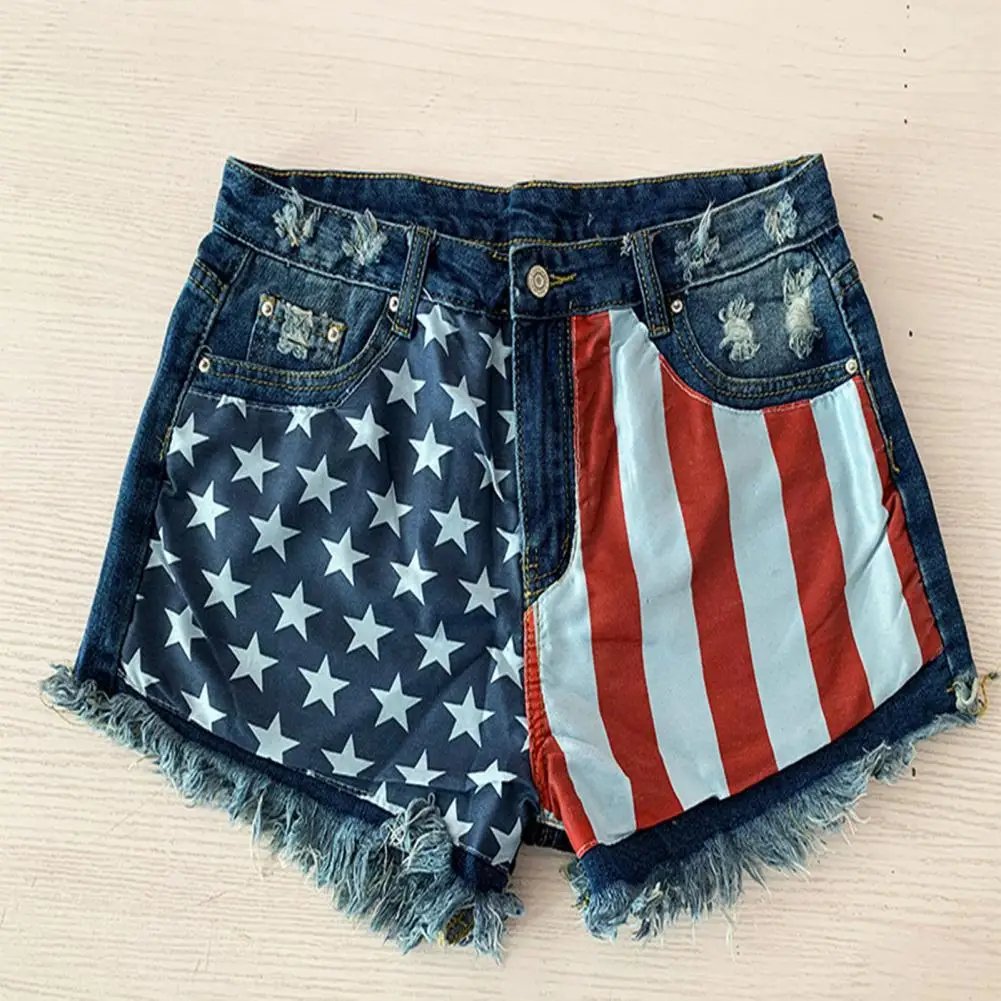 Women Denim Shorts High Waist Skinny American Flag Print Jeans Shorts Tassels Pockets Holes Jeans Denim Shorts Streetwear