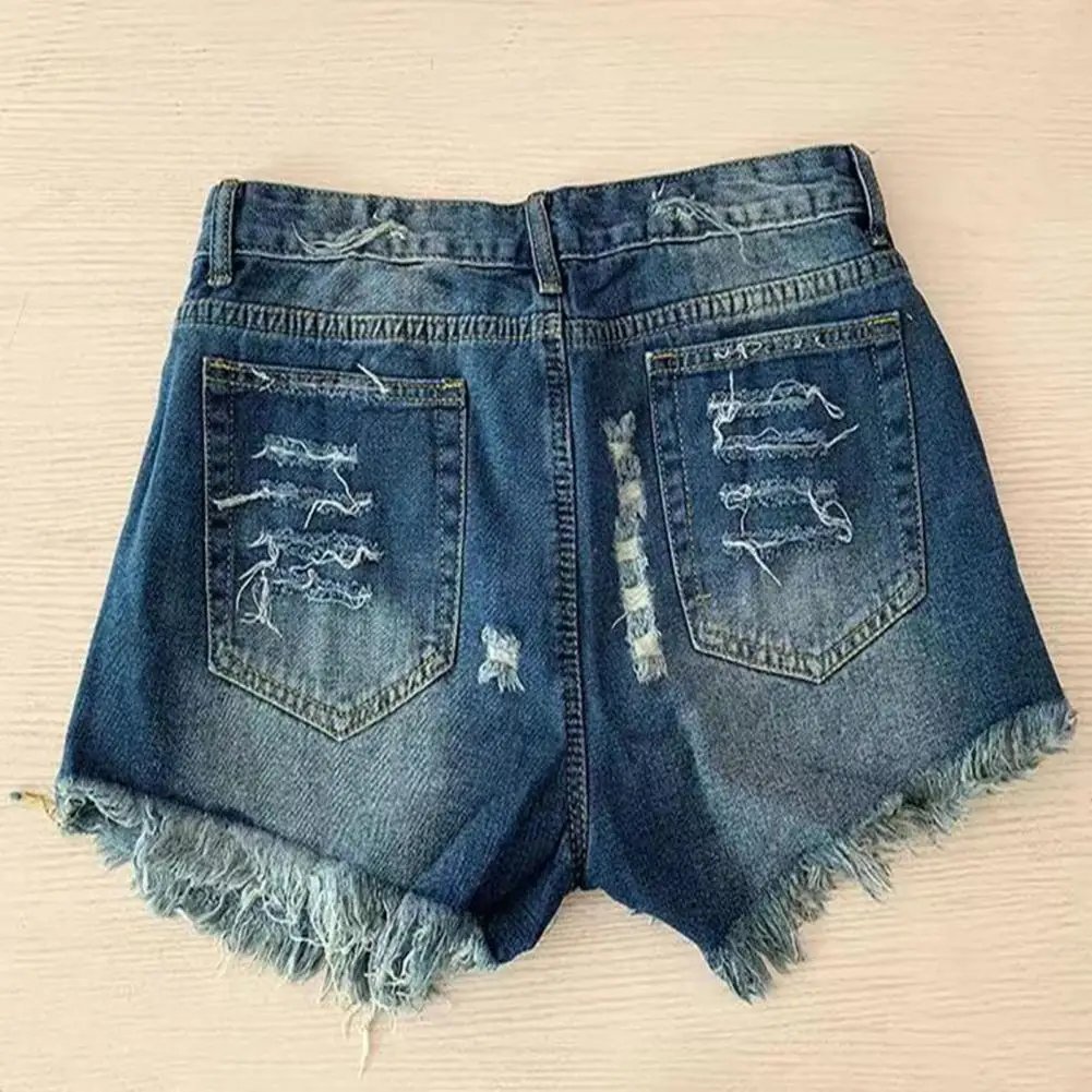 Women Denim Shorts High Waist Skinny American Flag Print Jeans Shorts Tassels Pockets Holes Jeans Denim Shorts Streetwear