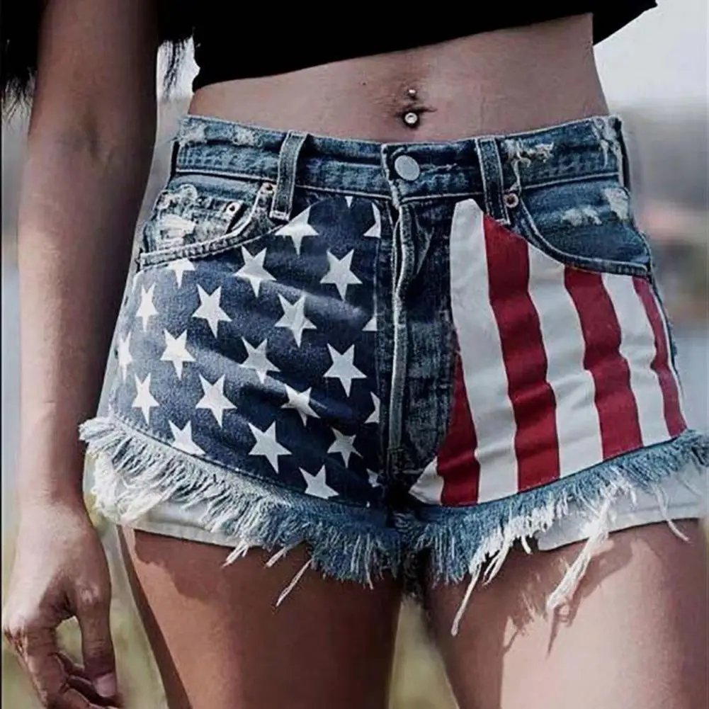 Women Denim Shorts High Waist Skinny American Flag Print Jeans Shorts Tassels Pockets Holes Jeans Denim Shorts Streetwear