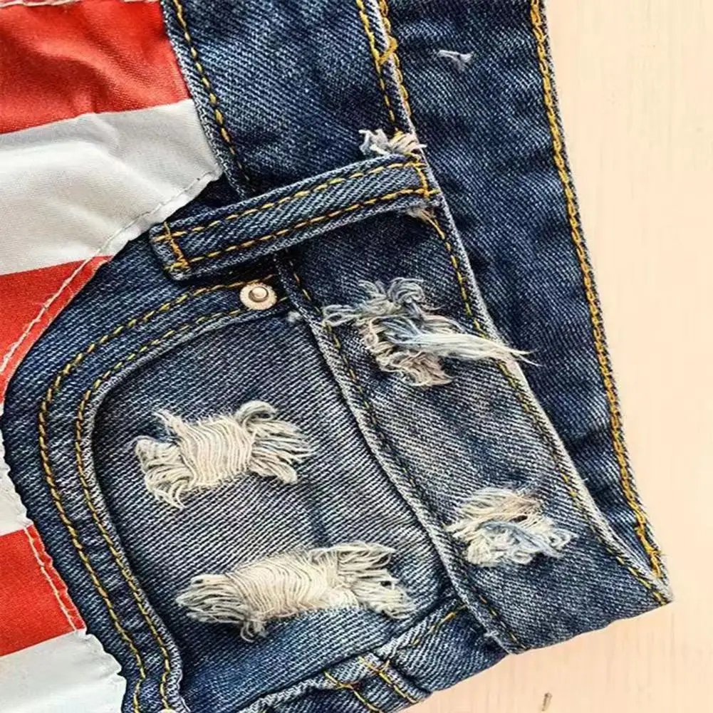 Women Denim Shorts High Waist Skinny American Flag Print Jeans Shorts Tassels Pockets Holes Jeans Denim Shorts Streetwear