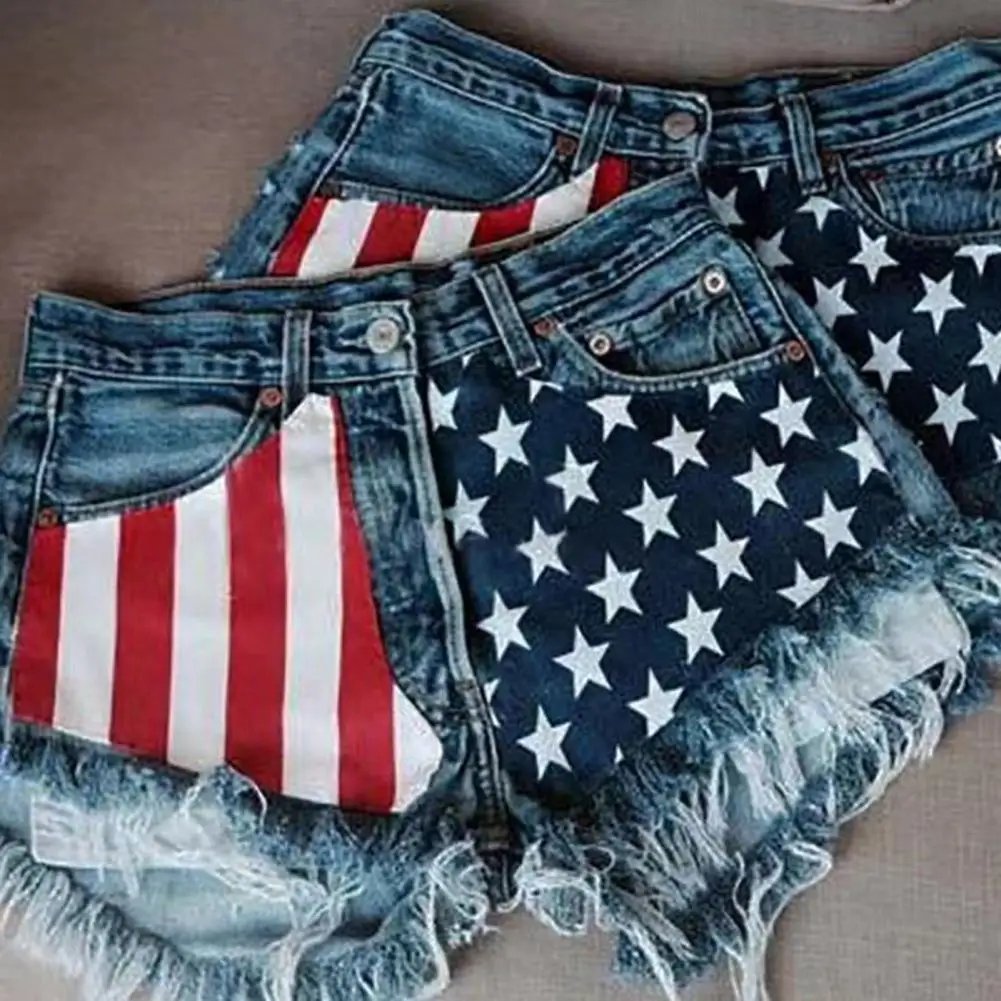 Women Denim Shorts High Waist Skinny American Flag Print Jeans Shorts Tassels Pockets Holes Jeans Denim Shorts Streetwear