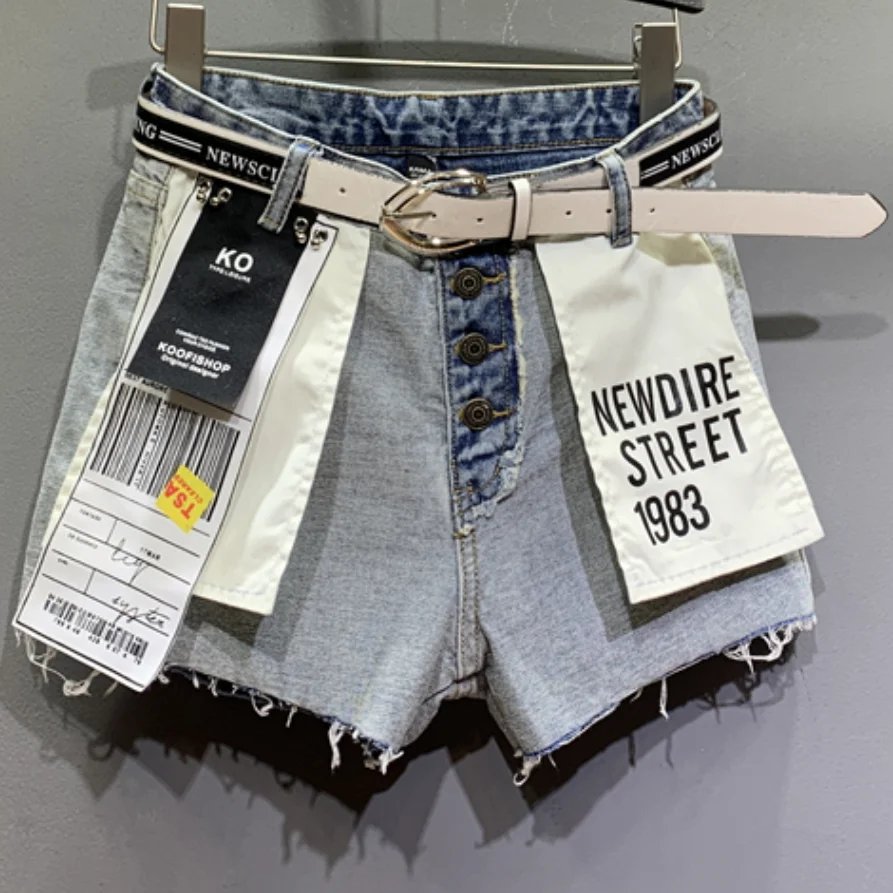 Denim shorts personality women summer hit color patch loose wide leg jeans shorts