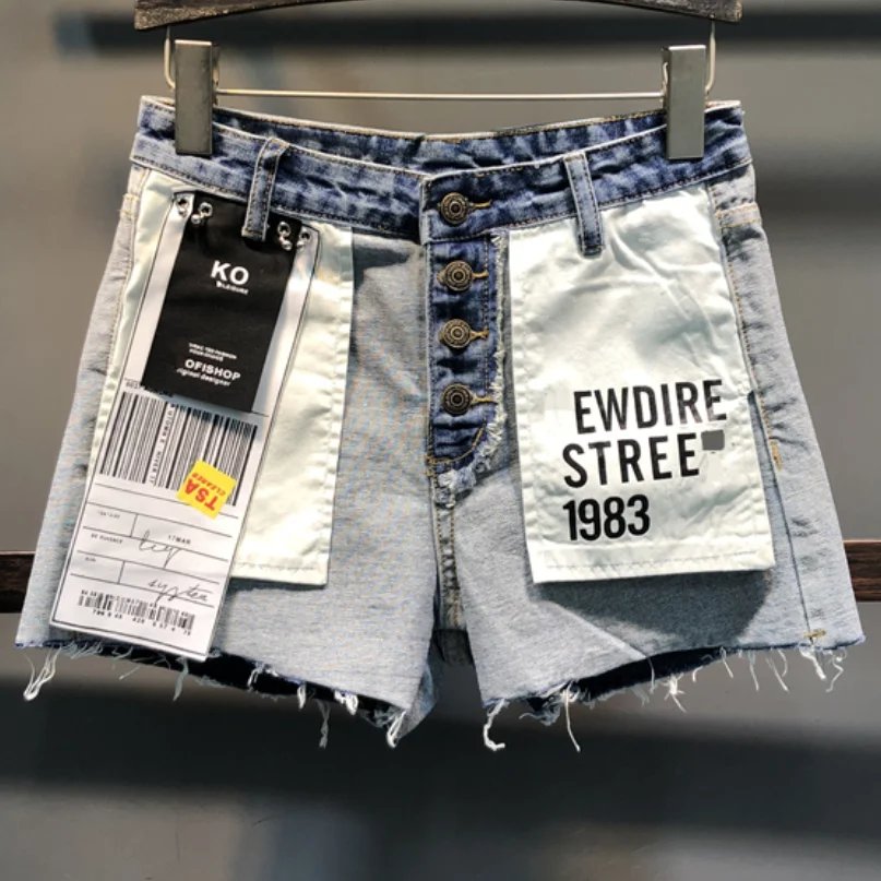 Denim shorts personality women summer hit color patch loose wide leg jeans shorts