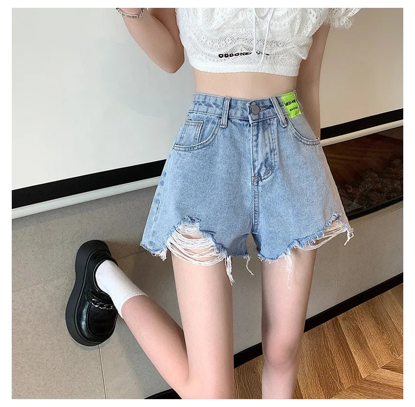 Denim Shorts Women's Summer Korean Version High Waist Loose and Thin A-line All-match Ripped Design Mini Pants Ins Rave Y2k Jean